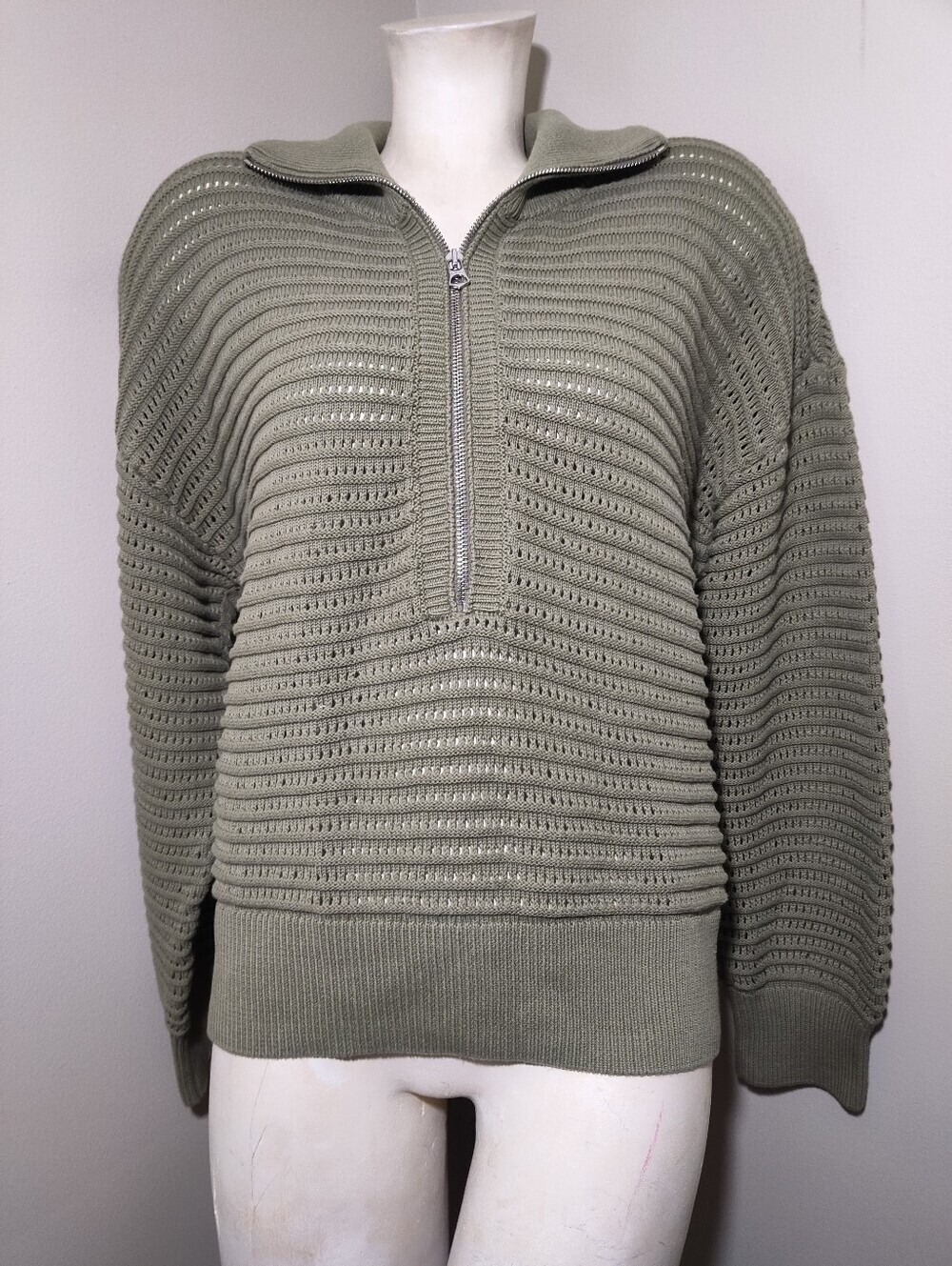 VARLEY Tara Pointelle Half-Zip Cotton Knit Sweater Sage Green XL - Picture 3 of 13